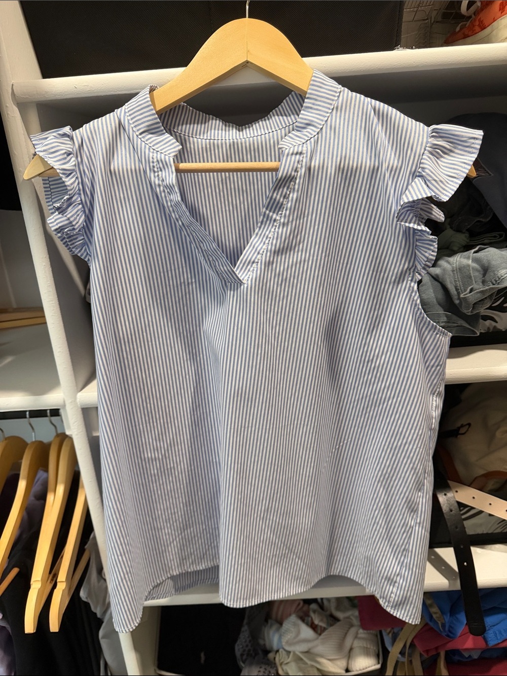Light Blue Stripe Ruffle Sleeve Womenโs Top